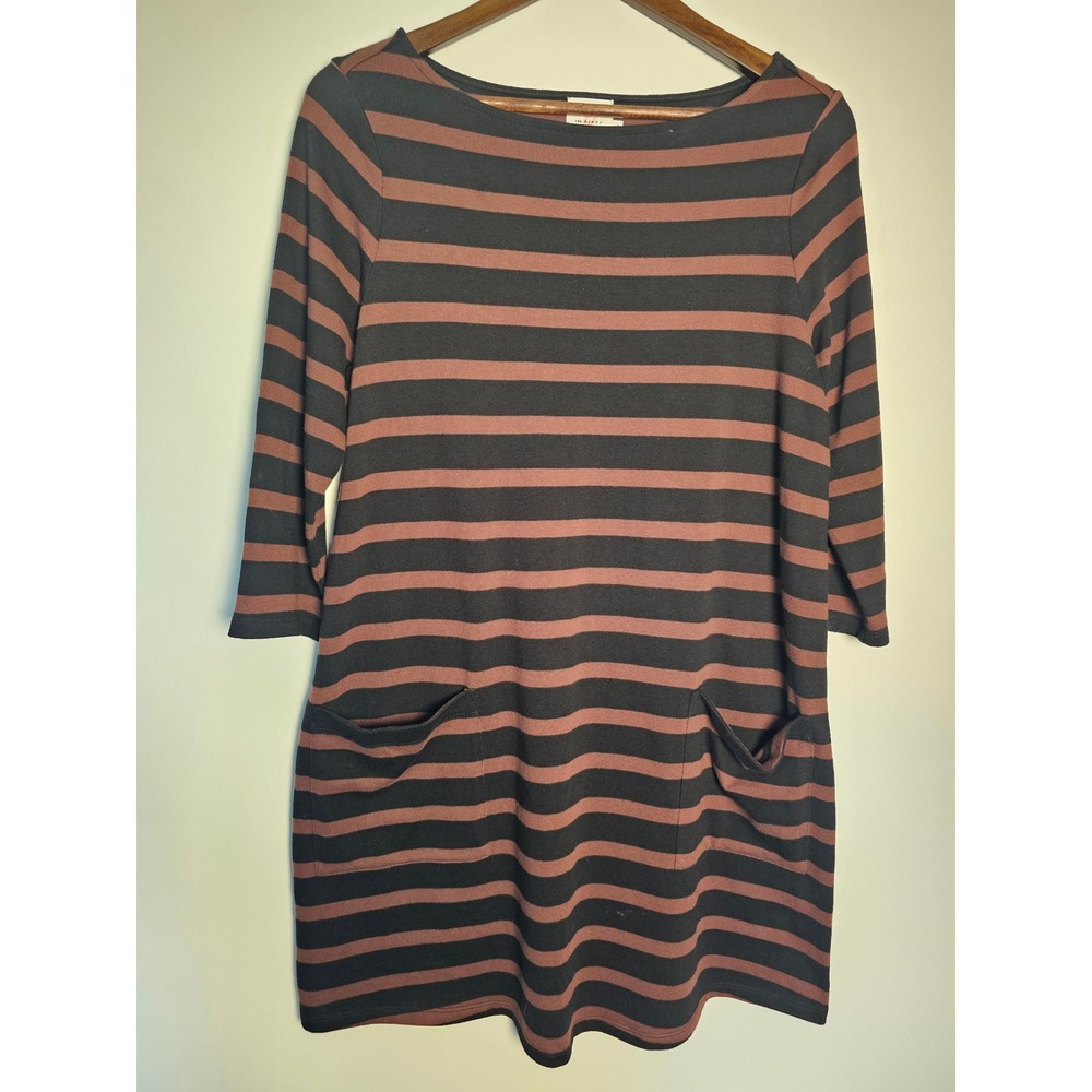 Dark Academia The Nines by Hatch Striped T-Shirt Dress Womens S Brown  Pocket